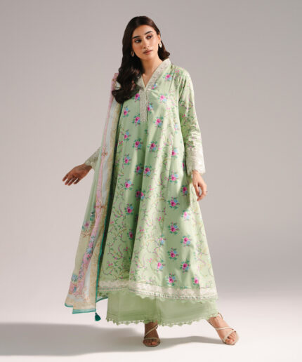 Mint Green Cotton Satin A-Line Suit - View 1