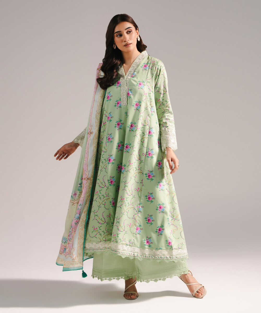 Mint Green Cotton Satin A-Line Suit - View 1 Mint Green Cotton Satin A-Line Suit - View 1