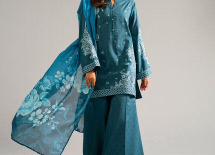 Teal Self Jacquard Straight Suit - View 2