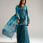 Teal Self Jacquard Straight Suit - View 1