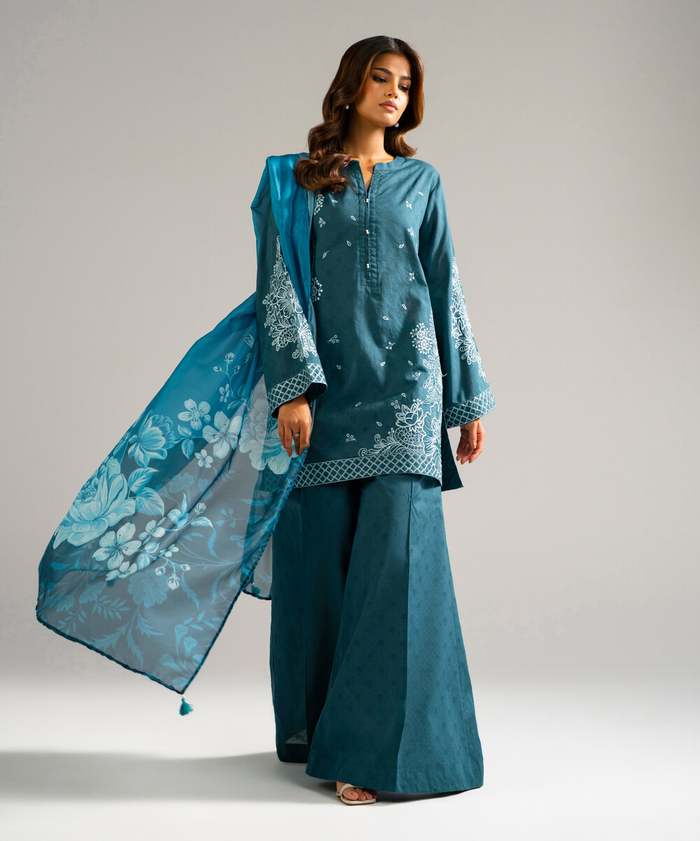 Teal Self Jacquard Straight Suit - View 1 Teal Self Jacquard Straight Suit - View 1