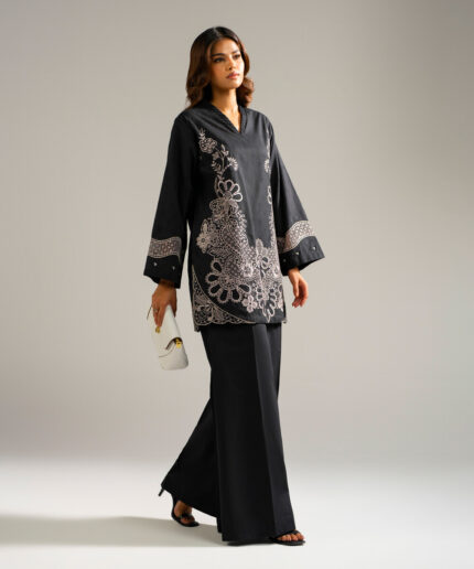 Black Self Jacquard Straight Suit - View 1