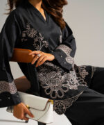 Black Self Jacquard Straight Suit - View 6