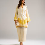 Pale Yellow Self Jacquard Straight Suit - View 1