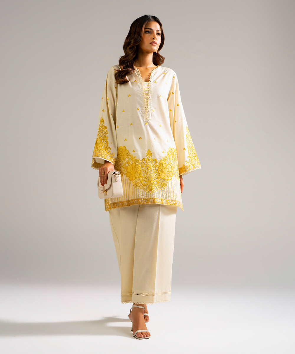 Pale Yellow Self Jacquard Straight Suit - View 1 Pale Yellow Self Jacquard Straight Suit - View 1