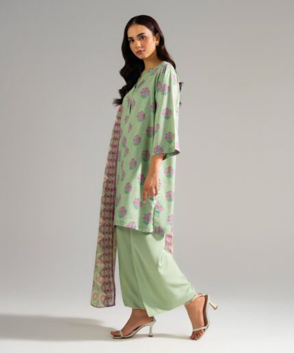 Green Arabic Lawn Straight Suit - View 1