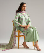 Green Arabic Lawn Straight Suit - View 2