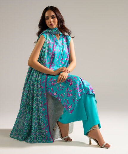 Blue Arabic Lawn Straight Suit - View 2