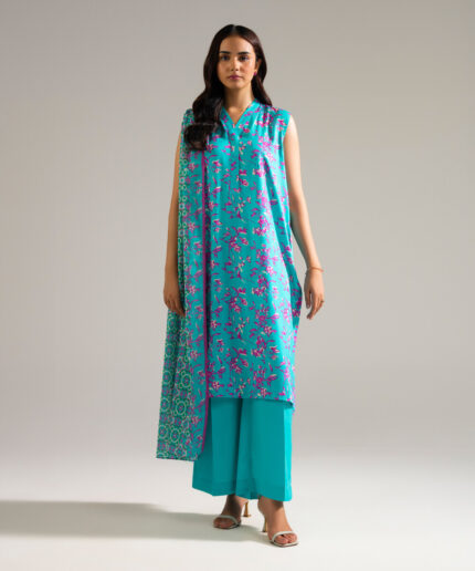 Blue Arabic Lawn Straight Suit - View 1