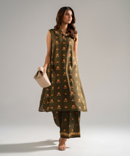 Green Arabic Lawn Straight Suit - View 2