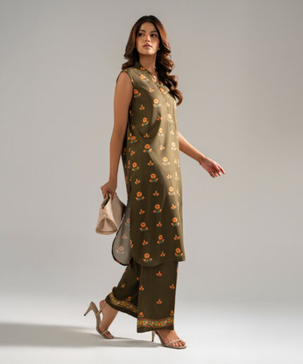 Green Arabic Lawn Straight Suit - View 1