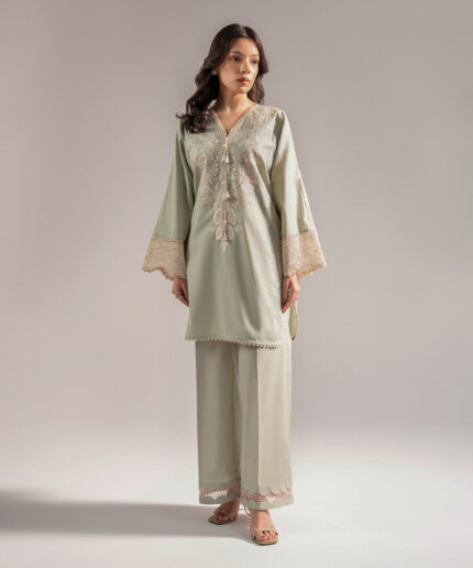 Mint Green Self Jacquard Straight Suit - View 2