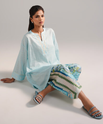 Ice Blue Dobby Drop Shoulder Suit - View 2
