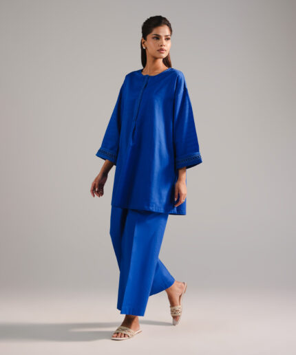 Dark Blue Dobby Drop Shoulder Suit - View 1