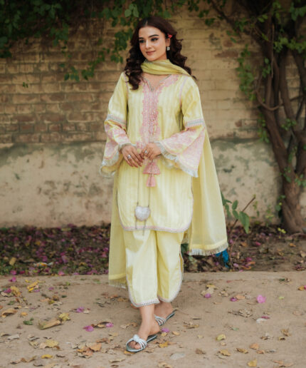 Lime Yellow Leno Kara Straight Suit - View 2