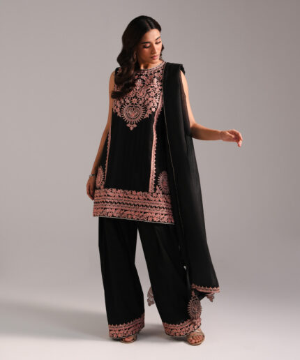 Black Leno Kara Straight Suit - View 2