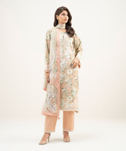 3 Piece Peach Lawn A-Line Suit - View 1