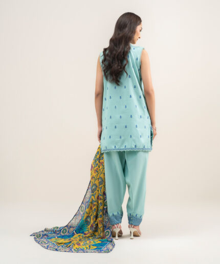 3 Piece Turquoise Dobby Straight Suit - View 1