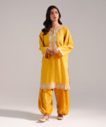 Mustard Yellow Slub Lawn Straight Shirt Suit - View 1