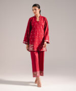 Maroon Slub Lawn Straight Shirt Suit - View 2