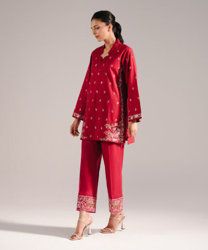 Maroon Slub Lawn Straight Shirt Suit - View 1