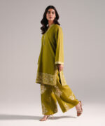 Green Slub Lawn Straight Shirt Suit - View 5