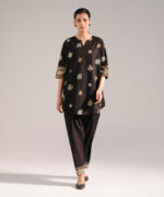 Black Slub Lawn Straight Shirt Suit - View 3