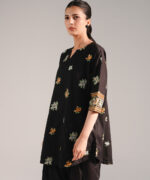 Black Slub Lawn Straight Shirt Suit - View 1