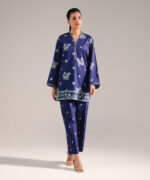 Dark Blue Slub Lawn Straight Shirt Suit - View 4