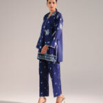 Dark Blue Slub Lawn Straight Shirt Suit - View 1