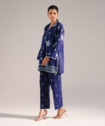 Dark Blue Slub Lawn Straight Shirt Suit - View 1
