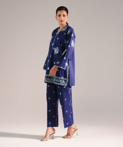 Dark Blue Slub Lawn Straight Shirt Suit - View 1