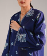 Dark Blue Slub Lawn Straight Shirt Suit - View 3