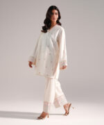 Off White Slub Lawn Straight Shirt Suit - View 5