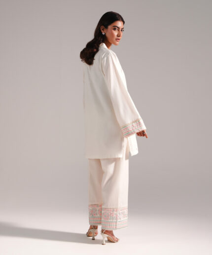 Off White Slub Lawn Straight Shirt Suit - View 1