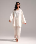 Off White Slub Lawn Straight Shirt Suit - View 2