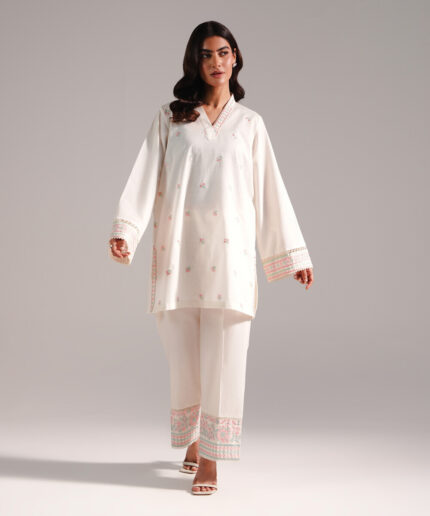 Off White Slub Lawn Straight Shirt Suit - View 2