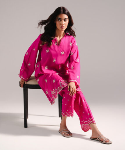 Pink Slub Lawn Straight Shirt Suit - View 1