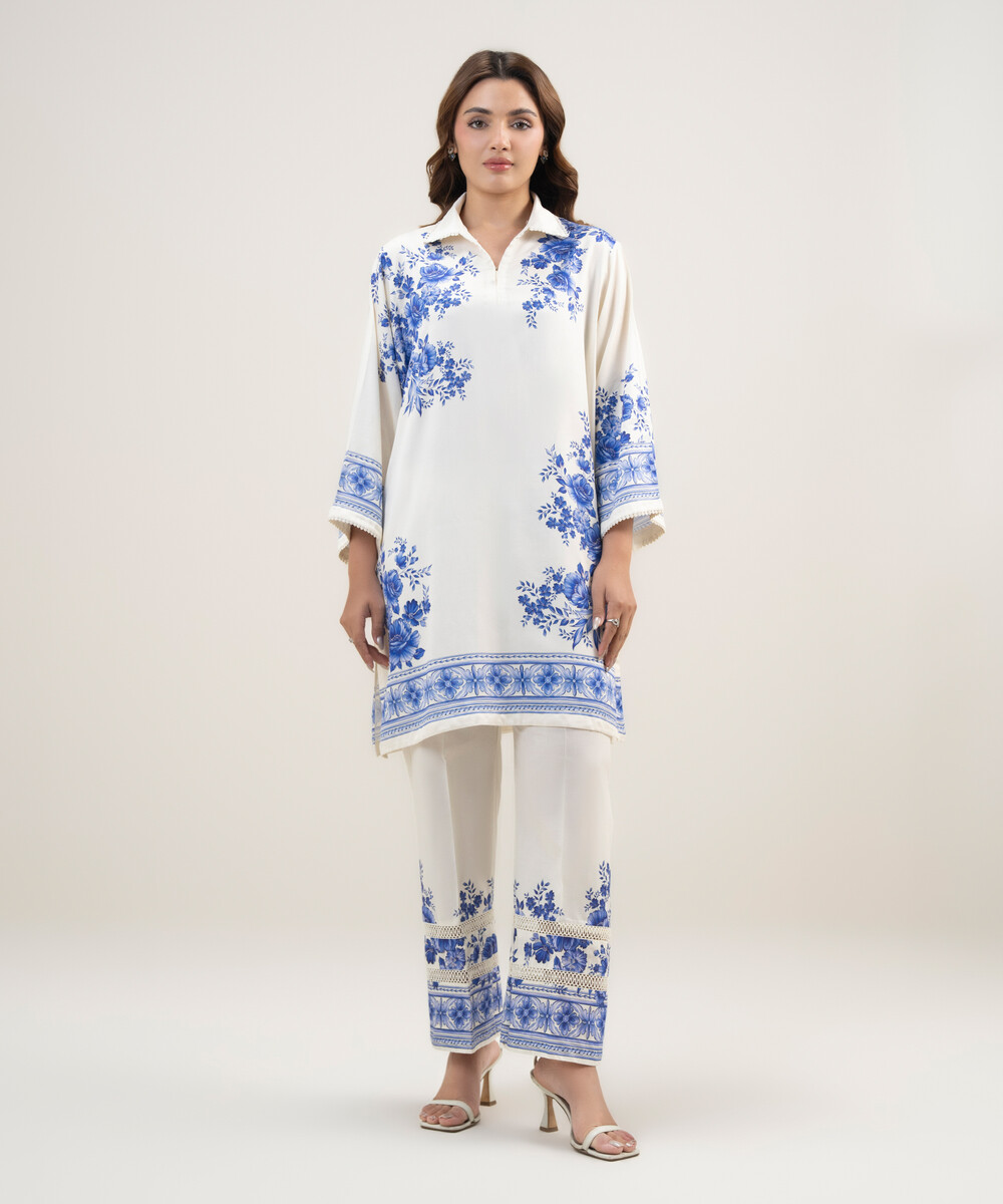 Cream White Dobby Drop Shoulder Suit - View 1 Cream White Dobby Drop Shoulder Suit - View 1