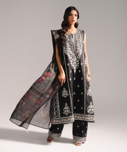 Black Fancy Cotton A-Line Suit - View 2