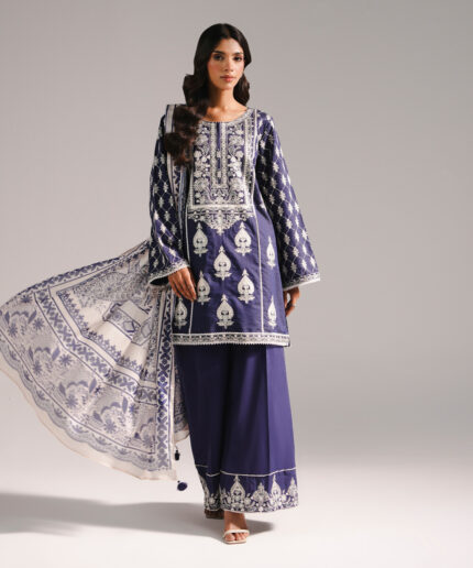 Dark Blue Fancy Cotton A-Line Suit - View 1