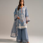 Steel Blue Self Jacquard A-Line Suit - View 1