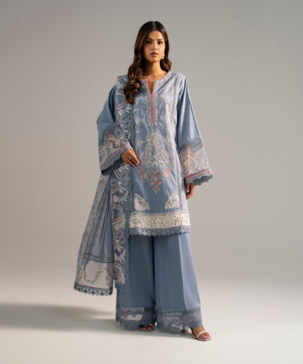 Steel Blue Self Jacquard A-Line Suit - View 1