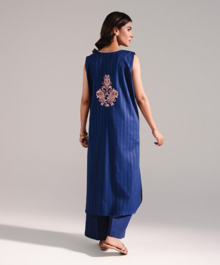 Dark Blue Dobby Straight Shirt Suit - View 1