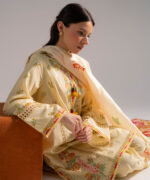 Pale Yellow Slub Lawn A-Line Suit - View 1