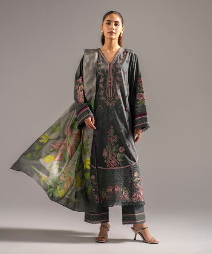 Dark Green Slub Lawn A-Line Suit - View 2