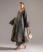 Dark Green Slub Lawn A-Line Suit - View 4