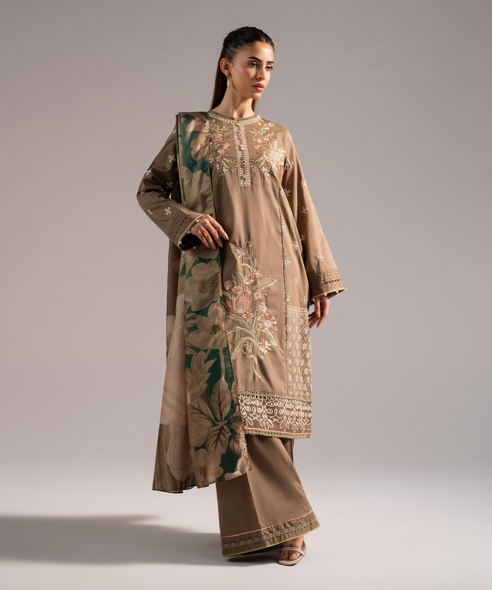 Dark Olive Slub Lawn A-Line Suit - View 1 Dark Olive Slub Lawn A-Line Suit - View 1
