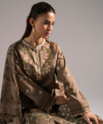 Dark Olive Slub Lawn A-Line Suit - View 3