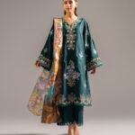 Dark Green Slub Lawn A-Line Suit - View 1